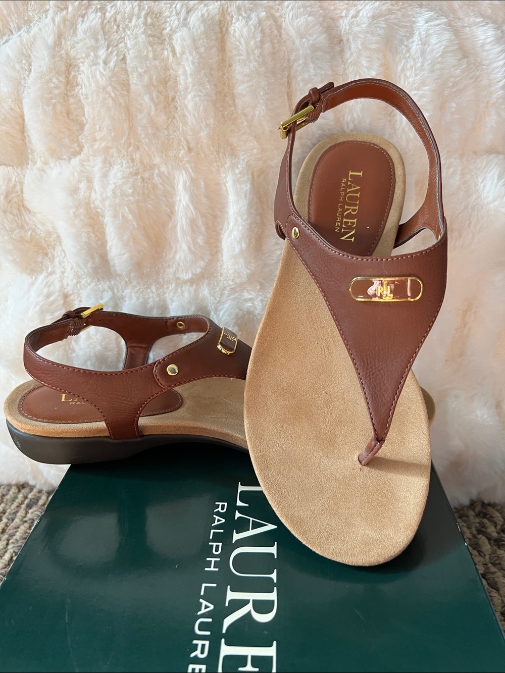 Lauren Ralph Lauren Brown Leather T-Strap Sandals with Gold Hardware - Picture 7 of 8